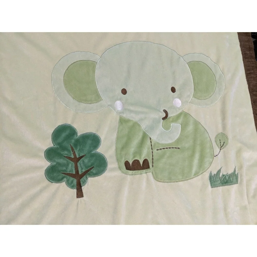Tiddliwinks Green Elephant Brown Trim Baby Blanket About 38x30 Inch‎